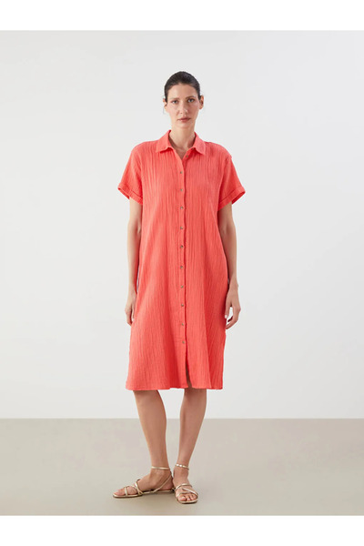 LC Waikiki Orange Textured Oversize Muslin Shirt Dress