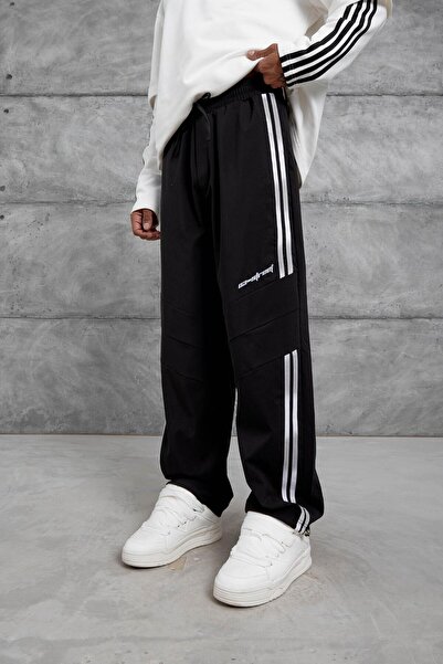 NOMARC Ανδρικό υφασμάτινο παντελόνι με μαύρες ρίγες από ύφασμα αλεξίπτωτου, φαρδύ κομμένο