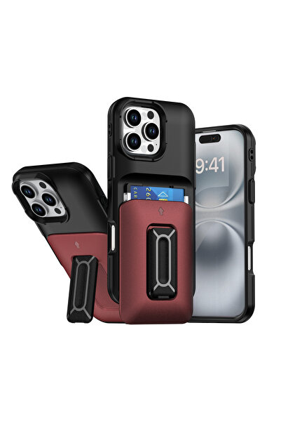 HYPERSOFT Iphone 16 Pro Max (6.9 inç) Uyumlu Stant Olabilen Sürgülü Cüzdanlı Kartlıklı Koruyucu Sert Kılıf