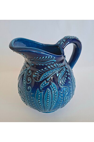mertyavm Dekoratif Turkuaz Seramik Sürahi 21cm El Yapımı Vintage Desenli Hediyelik Çini Sürahi
