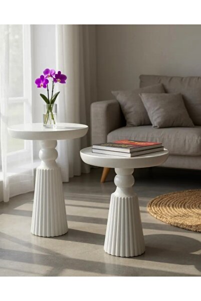 ASELYA HOME Doğal Ahşap 2’li Set Beyaz Renk Mantar Yan Sehpa Modern Fiskos Zi...