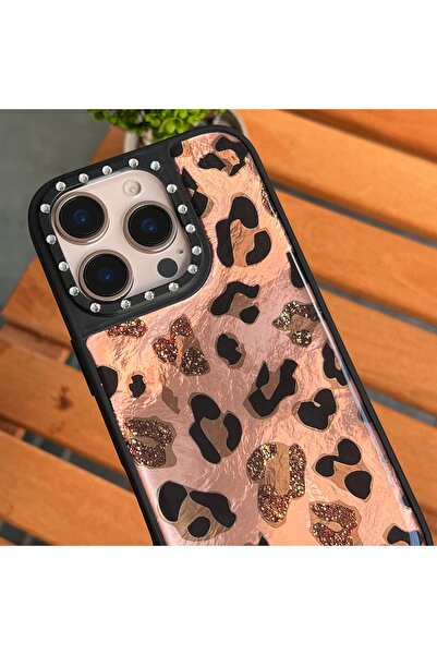 EDELFU iPhone 16 Pro Max Compatible Camera Surrounding Rhinestone Shiny Silicone Leopard Pattern Protective Phone Case
