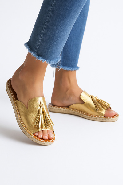 Wildco Genuine Leather Women's Espadrille Slippers Narrow Fit, Gold Leather Espadrille Slippers, Jute Weave Shiny Leather Espadrille