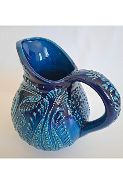 mertyavm Dekoratif Turkuaz Seramik Sürahi 21cm El Yapımı Vintage Desenli Hediyelik Çini Sürahi