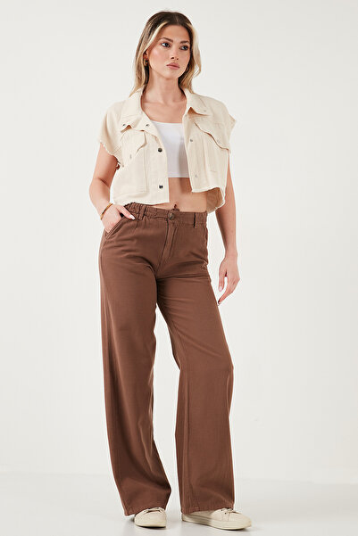 Lela Βαμβακερό παντελόνι με φαρδύ πόδι με ψηλή μέση 668YP5193