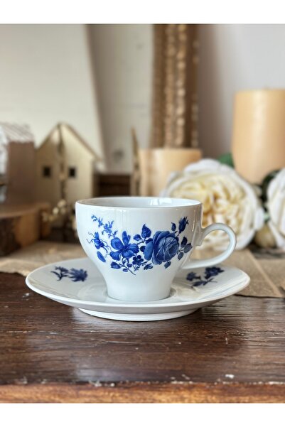 Bavaria Antika Winterling Porselen Kobalt Beyaz Mavi Çiçekli Güllü Çay Fincanı Double Kahve