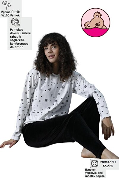 Mihra طقم بيجامة شتوية نسائية من القطن المخملي ذو ياقة دائرية وأكتاف منخفضة باللون الأسود