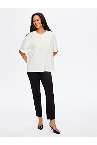 Faik Sönmez Stone Detailed Round Neck Cotton Tshirt W26Tsh051