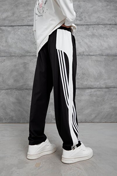 NOMARC Erkek Siyah Şerit Detaylı Paraşüt Kumaş Baggy Eşofman Altı