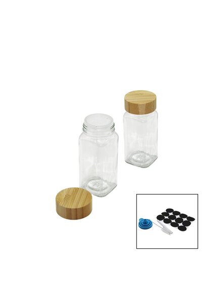 Go İthalat 12 Pcs Square Glass Spice Jar - Salt Shaker with Bamboo Lid (5273)