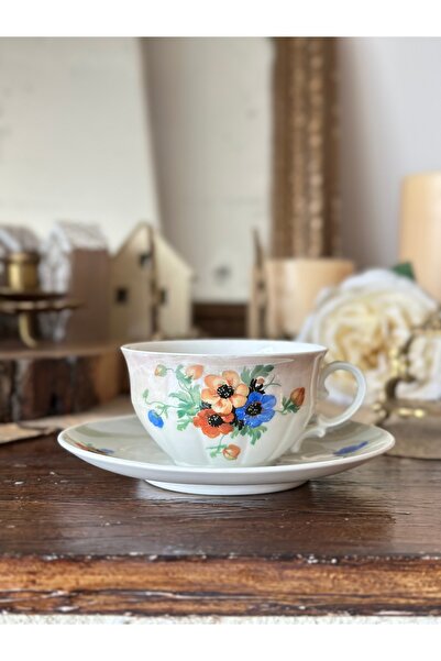 Victoria Antika Çekoslavak Porselen Sedefli Renkli Soft Çiçekli İnce Çay Fincanı Double Kahve