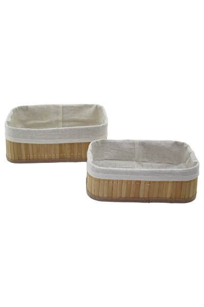 Go İthalat 2-Piece Rectangular Bamboo Edge Organizer Basket with Wooden Base - with Cloth 19X27X10Cm - 15X24X8Cm (5273)