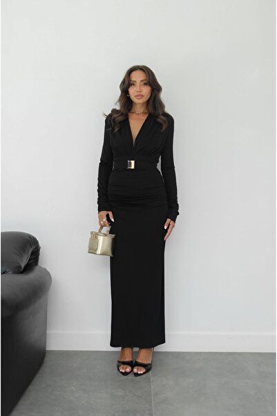 Havoş Black Gold Belt Detailed Dress