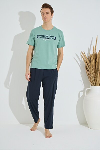 Pijaman Men's Printed Crew Neck Short Sleeve Round Neck Pocket Summer Cotton Pajama Set