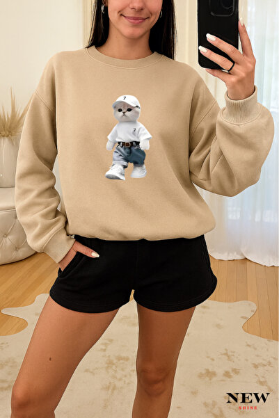 New Shine Combination Cat Printed Crew Neck Sweatshirt