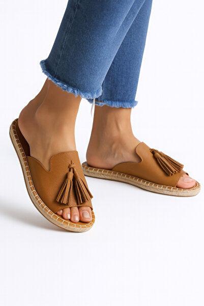 Wildco Genuine Leather Women's Espadrille Slippers Narrow Fit, Tan Leather Espadrille Slippers, Jute Weave Brown Slippers