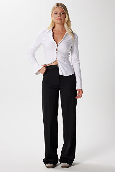 Ritnice Women's Tina Tok Textured Buttoned Black Palazzo Pants 5156