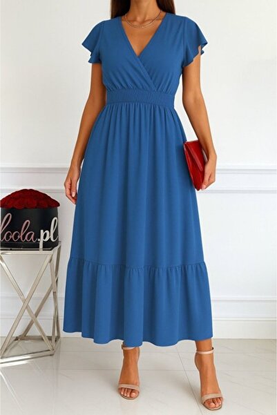 ARONA Equri̇ Women's Short Butterfly Sleeve Double Breasted Collar Aerobin Dress with Elastic Waist