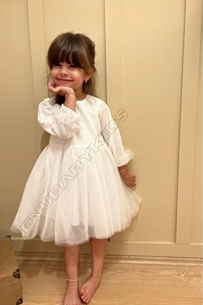 penu baby kids Екрю блискуча тканина з підкладкою з бавовни, спідниця з тюлю, довгі рукави, бантик, сукня для дівчинки, сукня для немовляти