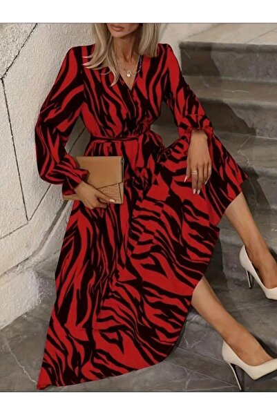 ARONA Equri̇ Women's Long Sleeve Double Breasted Collar Belted Zebra Pattern Single Jersey Maxi Dress