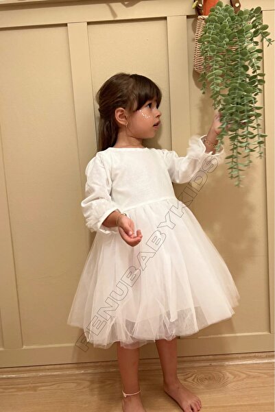 penu baby kids Екрю блискуча тканина з підкладкою з бавовни, спідниця з тюлю, довгі рукави, бантик, сукня для дівчинки, сукня для немовляти