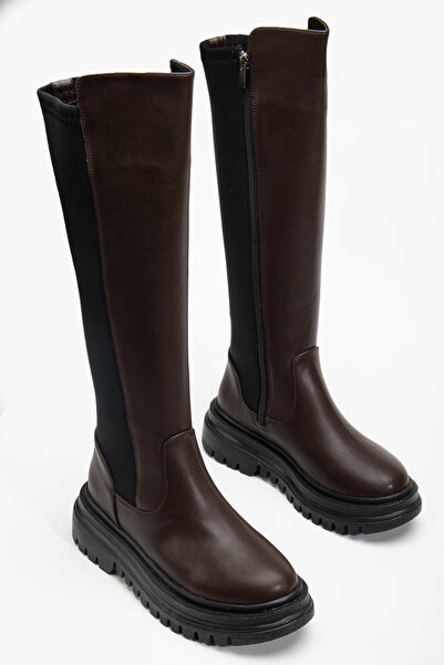AYAKKABI MEET Жіночі коричневі шкіряні чоботи на блискавці, вище коліна, для щоденного носіння, з еластичними вставками