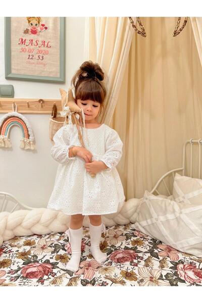 penu baby kids Ecru Long Sleeve Cotton Polka Dot Fabric Snap Closure Girls' Baby Dress