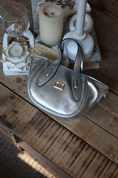 Moom Bag Geantă de mână pentru femei, argintie, lucioasă, cu mâner