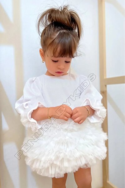 penu baby kids Ecru Long Sleeve Cotton Lined Tutu Skirt with Bow Girl's Baby Girl Dress