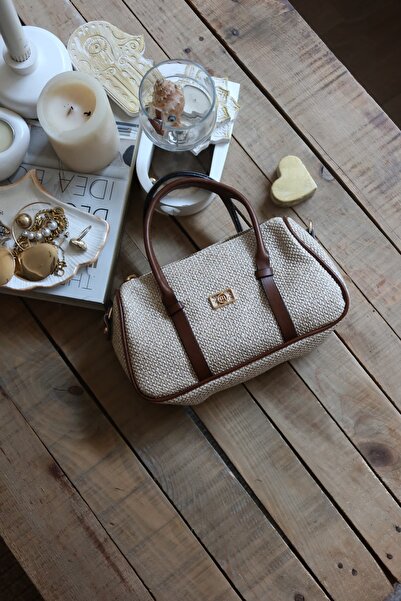 Moom Bag Women's Tan Double Stripe Straw Textured Daily Hand Shoulder Bag