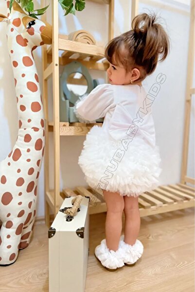 penu baby kids Ecru Long Sleeve Cotton Lined Tutu Skirt with Bow Girl's Baby Girl Dress