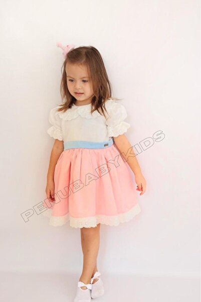 penu baby kids تنورة وردية اللون مع حزام أزرق من القطن الساتان بأكمام قصيرة م...