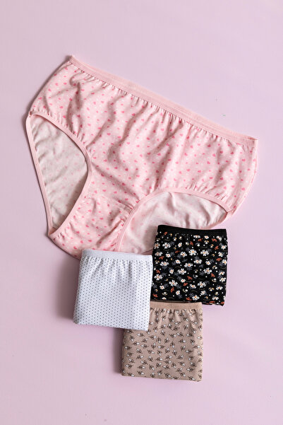 SATENIA LINGERIE Kadın Desenli Likralı Pamuklu Yüksek Bel Bato Külot 4'lü Paket