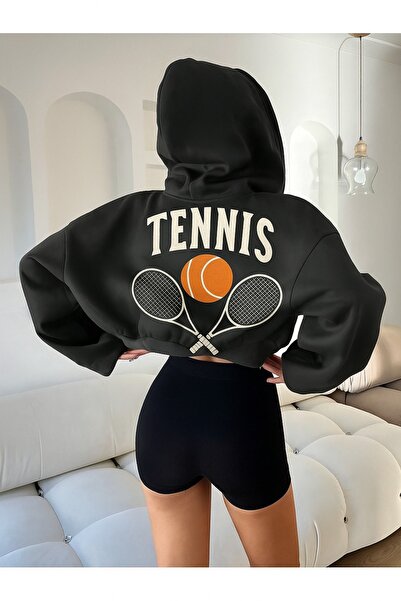 OVER HEAD Women's Tennis Racket Printed Hooded Crop Cardigan Jacket