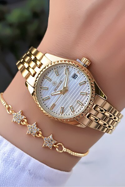 Homies Orijinal Garantili Takvimli Çelik Kordon Su Geçirmez Gold Renk Kadın Kol Saati Hediye Bileklik