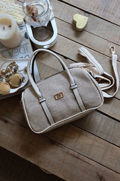 Moom Bag Women's Cream Double Stripe Straw Textured Daily Hand Shoulder Bag