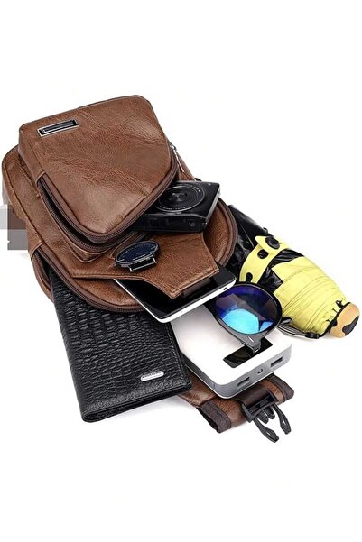 Fstyle Men's Hanging Bag, Leather Hanging Bag with USB Charging Port, Waterproof, Multi-Pocket