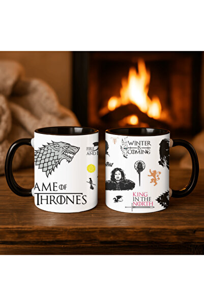 Solid Baskı Stüdyosu Porselen Kupa Bardak - Game Of Thrones Figürlü Kulp ve İçi Siyah Neşeli Tasarım