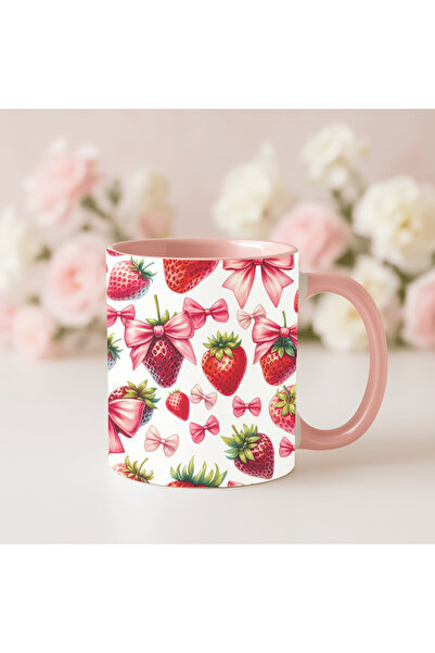 Solid Baskı Stüdyosu Porselen Kupa Bardak - Çilek Figürlü Kulp ve İçi Pembe N...