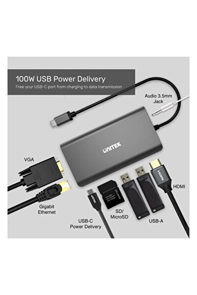 Unitek موزع USB-C 8 في 1 مع شاشتي HDMI/VGA، 100 واط PD، إيثرنت، USB، SD، وصوت | D1019B