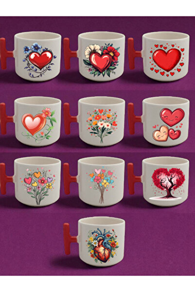 lili hediyelik طقم 10 أكواب لاتيه مطبوعة بتصميم القلوب - كوب لاتيه، كوب سيراميك