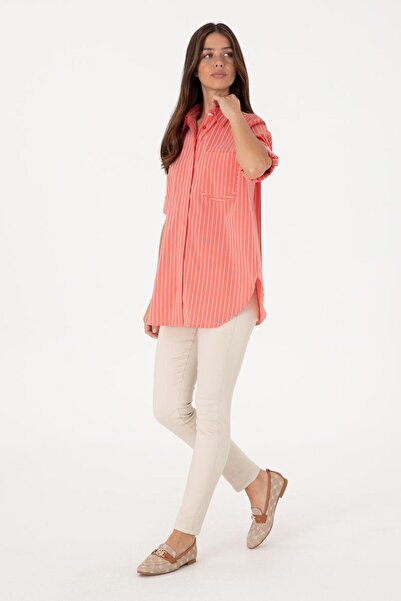 U.S. Polo Assn. Women's Red Long Sleeve Striped Shirt Eli̇fsu Buti̇khome