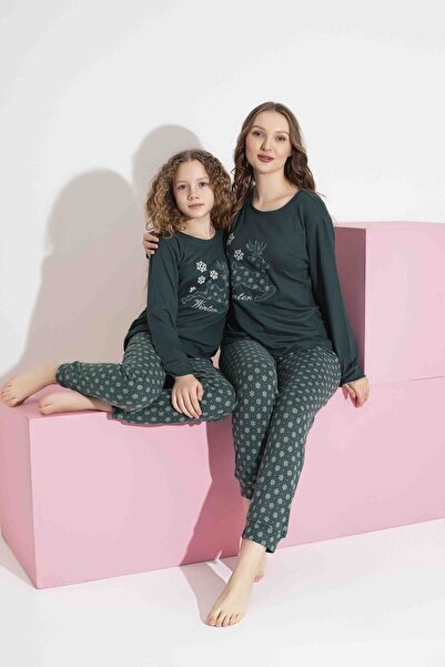 AYGEBU Tarık Дамски комплект за майка и дъщеря със зелен елен мотив Термо зимни топли меки пижами