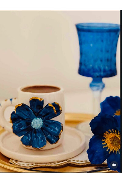 Banuart Cosmos El yapımı mavi çiçekli seramik kahve fincanı