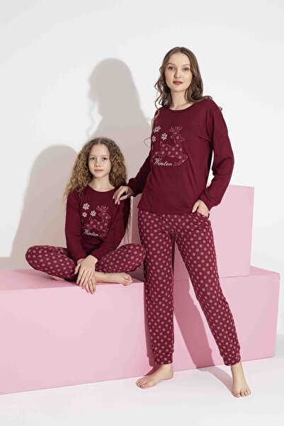 AYGEBU Tarik Women's Burgundy Deer Pattern Mother-Daughter Combination Thermal Winter Warm Soft Pajama Set