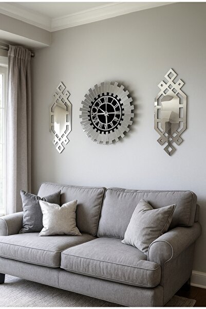 NİSANEST Aynalı Duvar Saati Gümüş Renk 3 Parça 80x50 cm