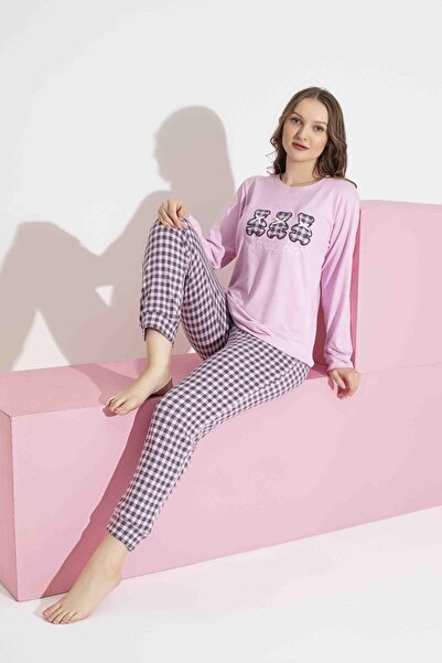 AYGEBU Tarık Дамски розов комплект пижами с мечешки мотив за майка и дъщеря, подходящ за зимата, топъл и мек