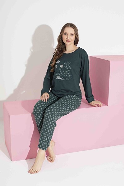 AYGEBU Tarık Дамски комплект за майка и дъщеря със зелен елен мотив Термо зимни топли меки пижами