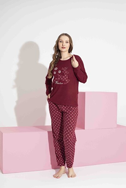 AYGEBU Tarik Women's Burgundy Deer Pattern Mother-Daughter Combination Thermal Winter Warm Soft Pajama Set