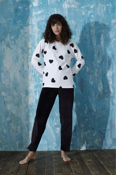 Mihra Set de pijamale de iarnă pentru femei, cu decolteu rotund, oversize, cu umăr dezactivat, din bumbac interlock, cu fund din catifea